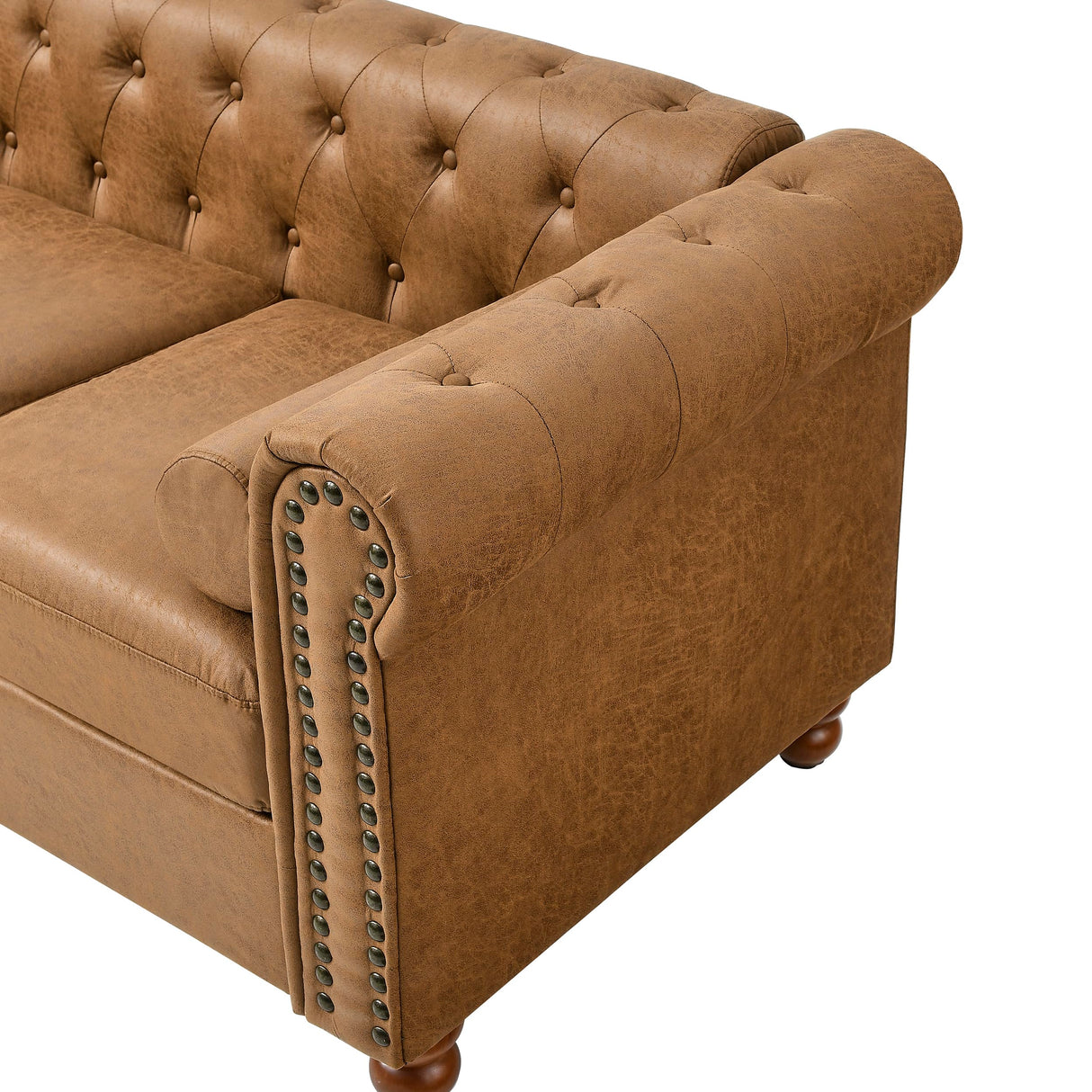 Asucoora Air Leather Tufted Sofa Couch for Living Room, Rolled Arm 3-Seater Sofa Couch with Nailhead Trim and 2 Neck Roll Pillows, Small Apartment Chesterfield Sofa Asucoora