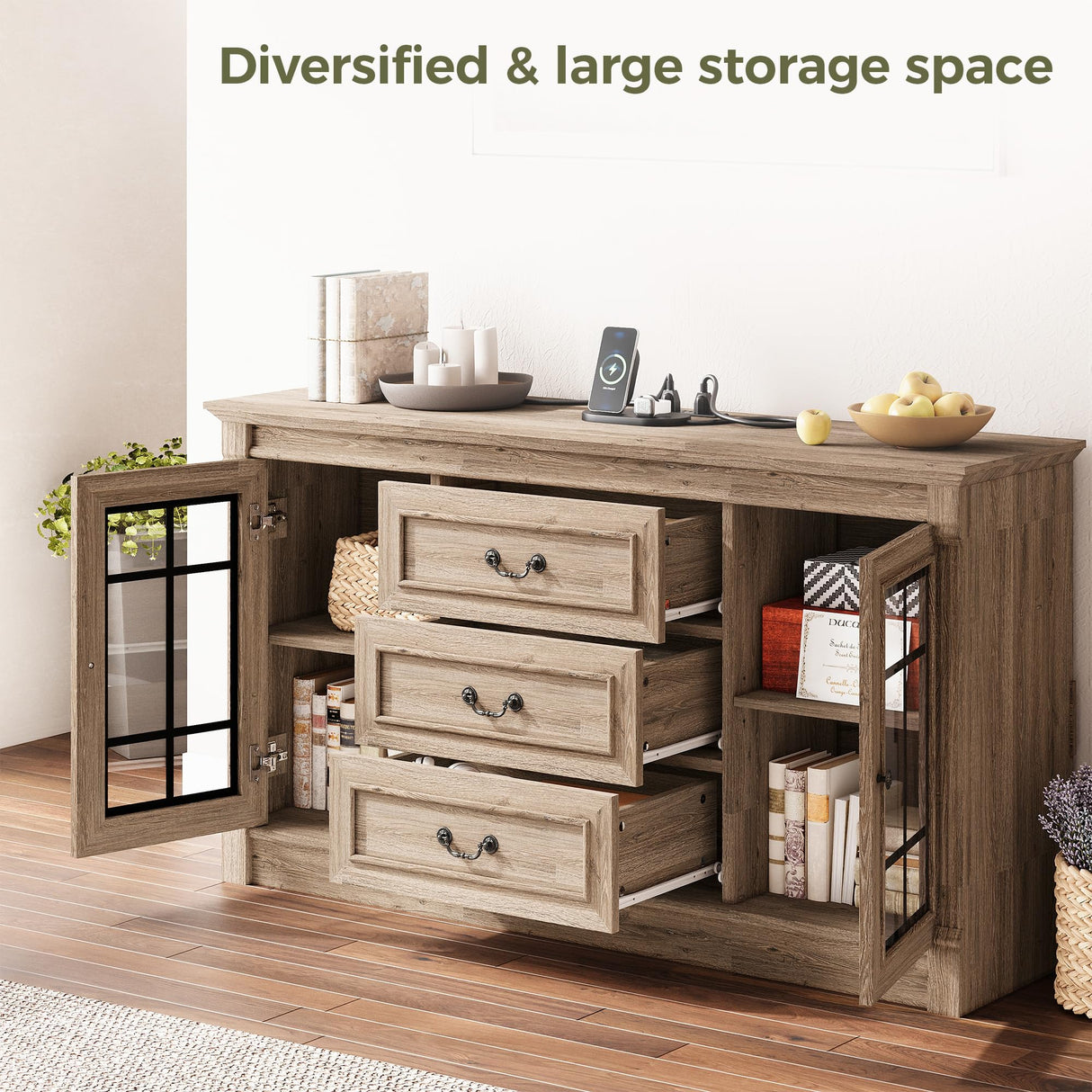 IRONCK Farmhouse TV Stand for 65 Inch TV with Outlets, 59" Entertainment Center with 3 Drawers and 2 Storage Cabinet, Glass Doors and Adjustable Shelf, Console Tables for Living Room, Light Rustic Oak IRONCK