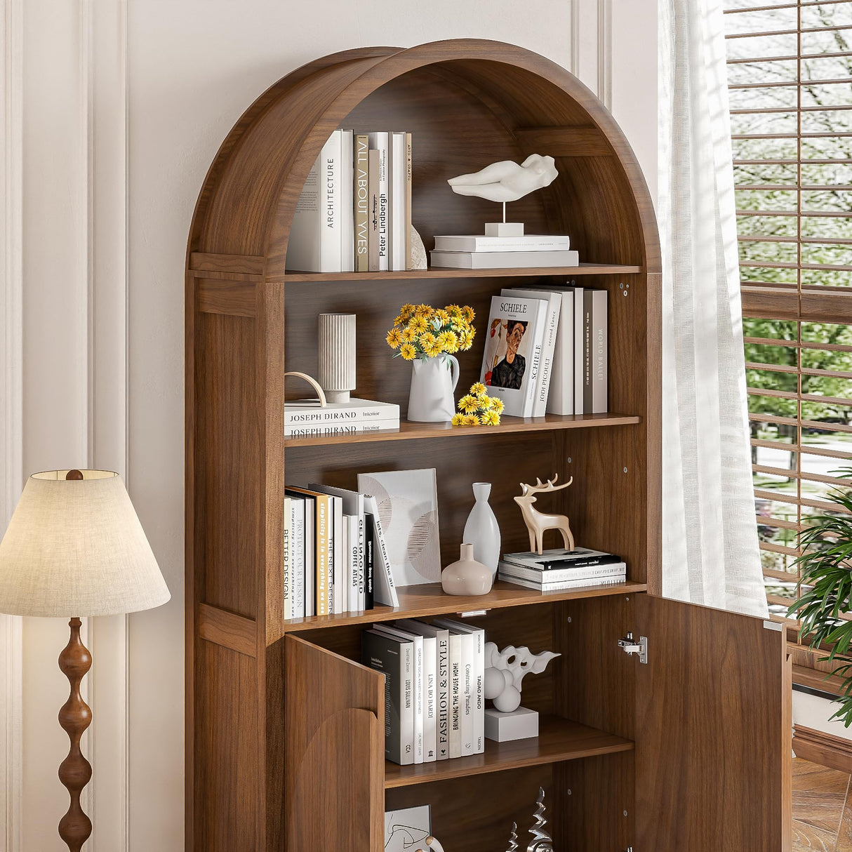 Mid Century Arched Bookcase, 5 Shelf Tall Book Shelf with Doors, 71 Inch Display Case Storage Cabinet, Large Library Arch Bookshelf, Wooden 5 Tier Book Case for Living Room, Office, Brown, Walnut Jluomei