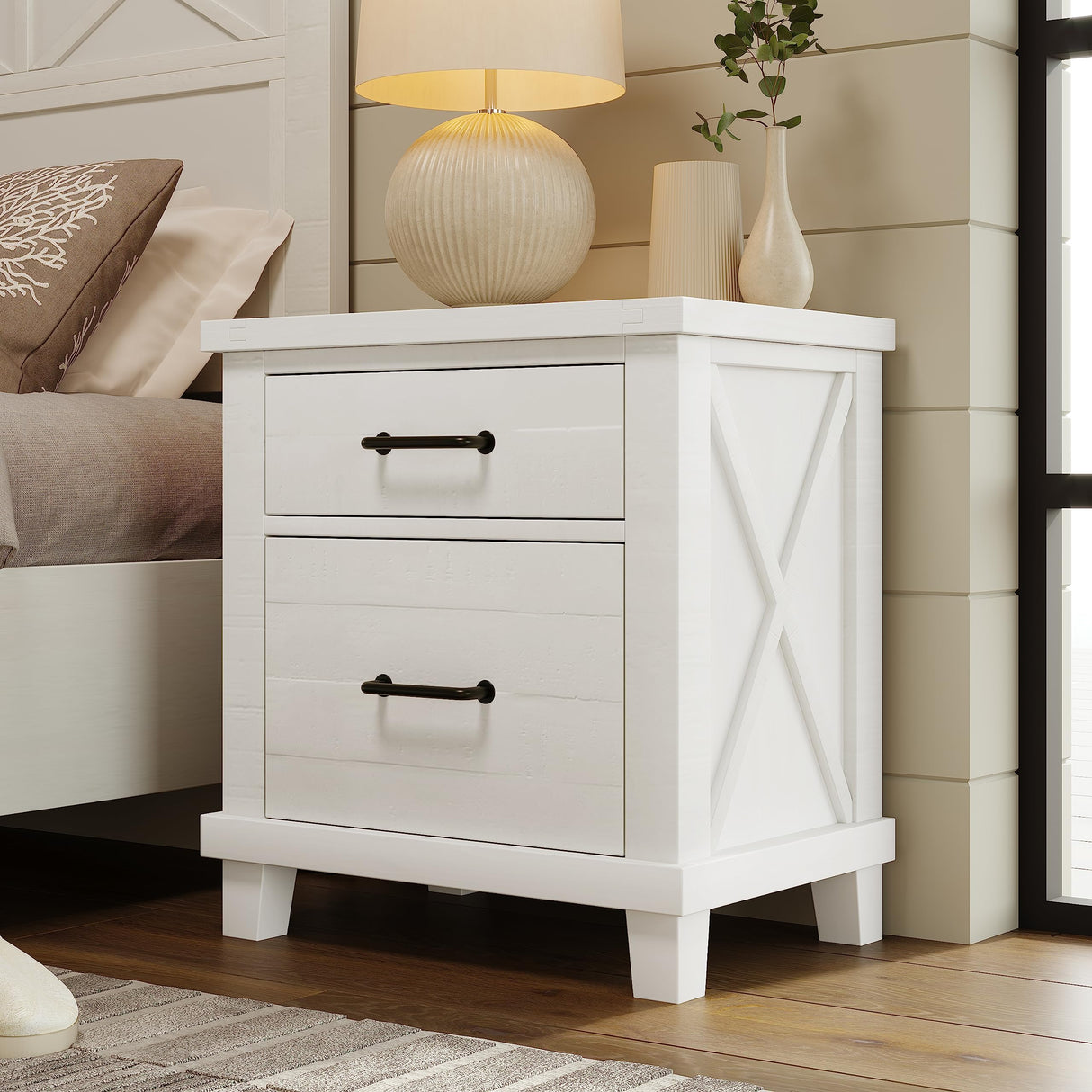 XD Designs Rustic Farmhouse 3 Pieces Bedroom Sets, Wood Queen Size Platform Bed with 2 Nightstands and Footboard Drawer Storage, Sturdy Slats Support (Whitewash-3ps) XD Designs