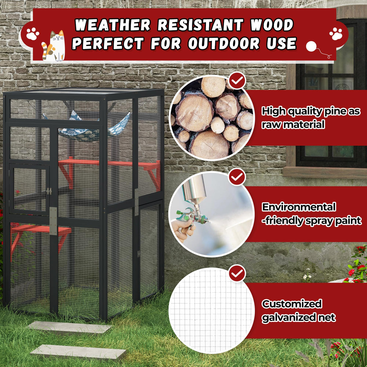 COZIWOW Upgraded Catio Outdoor Cat Enclosure Window Access, Wooden Catio for Cats Outdoor Patio Garden(Black) COZIWOW