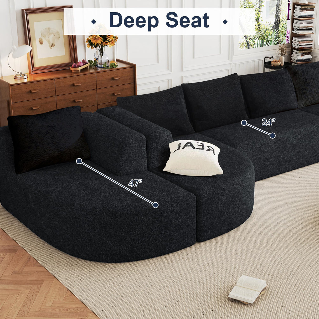 144" Oversized Sectional Couches for Living Room, Modern Luxury Chenille 5-Seater Sofa, Deep Seat Curved Cloud Couch, Modular Sofa with Chaise Lounges & 5 Pillows, No Assembly Required (Black) IZLKQC