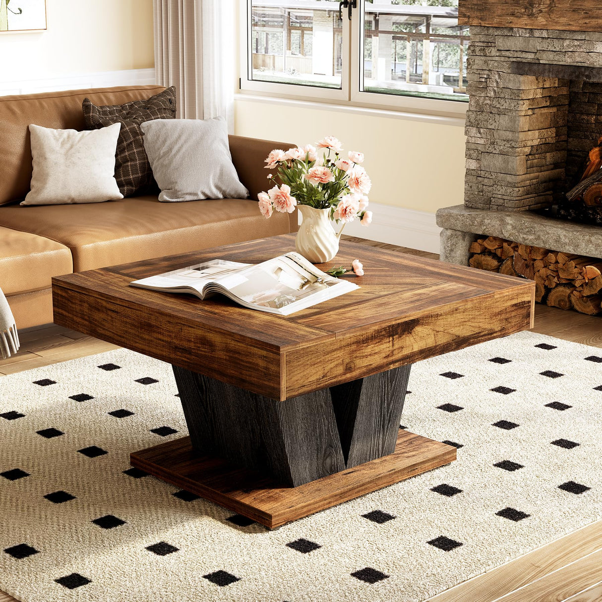 LITTLE TREE Square Coffee Table, Modern Rustic Coffee Table for Living Room, Wooden Table with Adjustable Feet, Brown LITTLE TREE