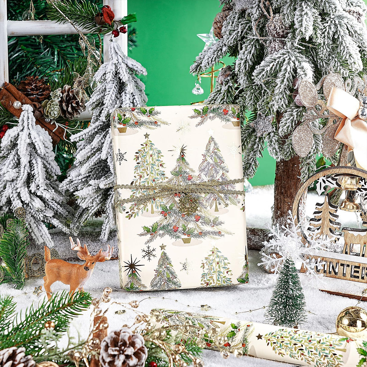 RUSEPEA Luxury Christmas Tree Wrapping Paper Roll, Mini Roll, Elegant Gold Foil Xmas Tree Gift Wrap Paper for Holiday Gifts, Party, DIY Crafts (17in x 16.4ft) RUSPEPA