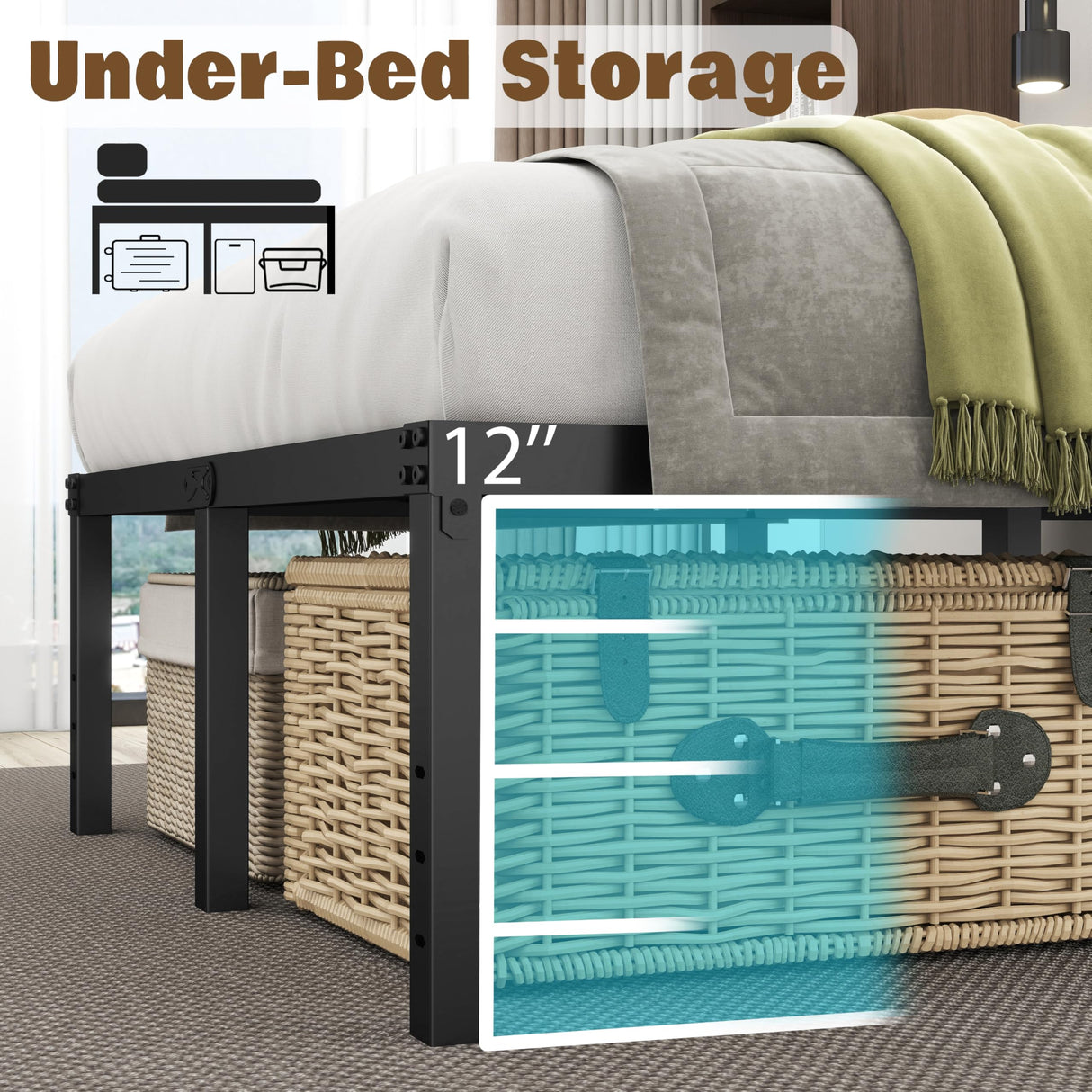 Full Size Bed Frame with LED Lights 14 Inch Platform Bed Frame Full with Charging Station Black Metal Mattress Foundation no Box Spring Needed Led Bed with Large Storage Space,Anti-Noise(Full) HusDream