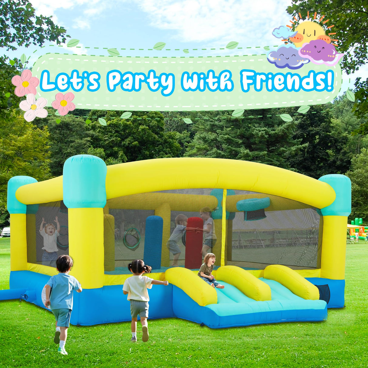 HOMMOW Big Bounce House,15 x 14.8 FT Inflatable Bounce Castle for Kids 3-12,Outdoor/Indoor Bouncy House with Blower,Slides,Obstacles,Trampolines,Basketball Hoop HOMMOW