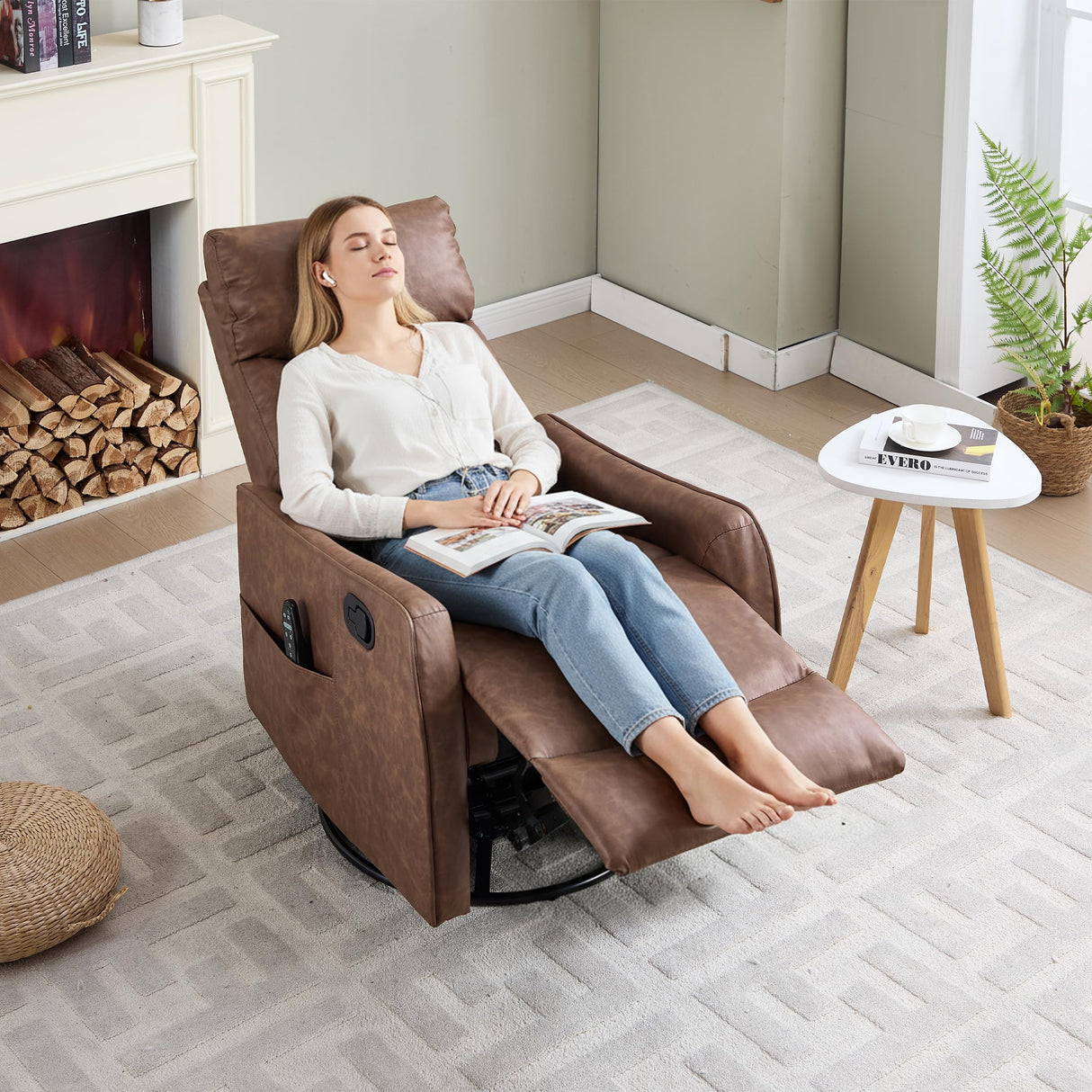 PELUMY Recliner Chair Swivel Rocking with Heat Massage - 360° Manual Recliner, 8-Point Vibrating & Lumbar Heat, Easy Assembly Chair for Living Room (Breathable Leather, Brown) PELUMY