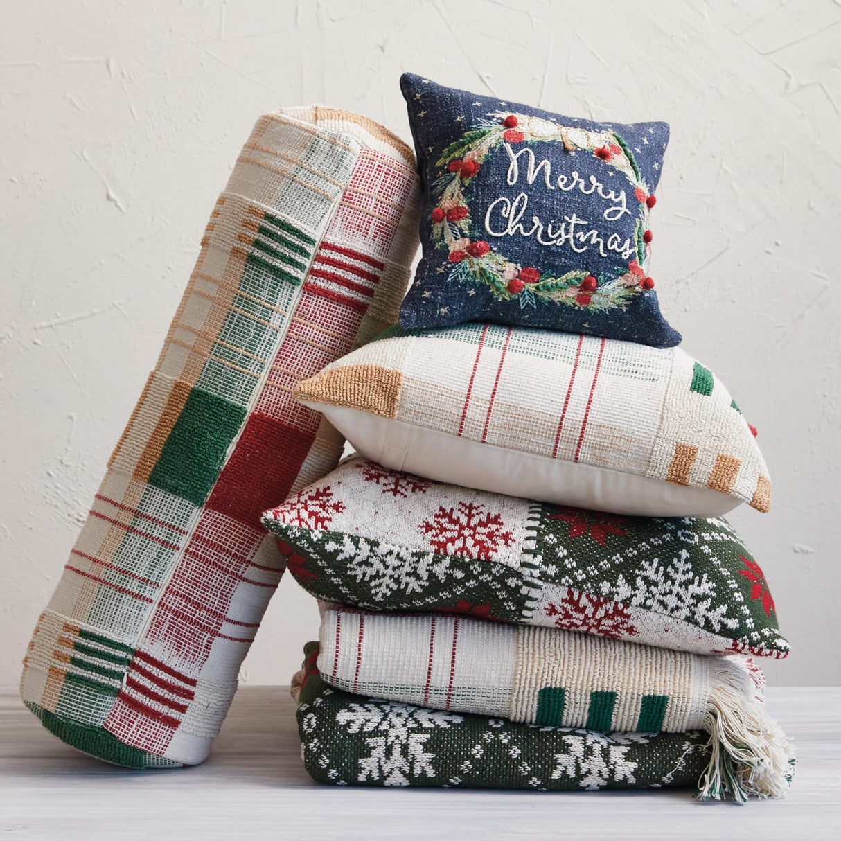 Creative Co-Op, Multicolor Square Cotton Printed Pillow with Wreath, Embroidery, Beads Poms Merry Christmas Creative Co-Op
