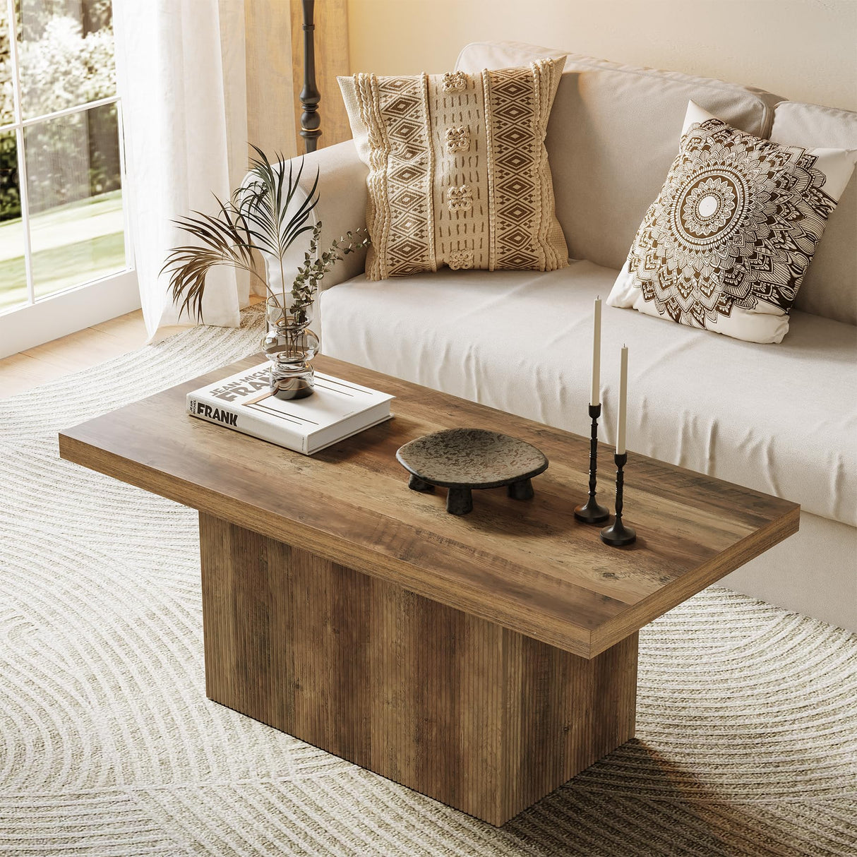 47-Inch Large Coffee Table with Pedestal, Living Room Center Table Rectangle Thickened Tabletop, Farmhouse Low Cocktail Tea Furniture for Living Room, Apartments, Rustic Brown LITTLE TREE