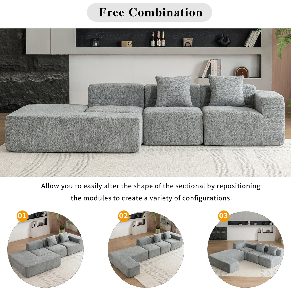 Merax 116.5" Minimalist Cloud Sectional Couch with L-Shape Chaise, Gray Modern Modular Sofa with Deep Seat, Convertible 4 Seat Sleeper Couches Set for Living Room, No Assembly Required, Grey Merax