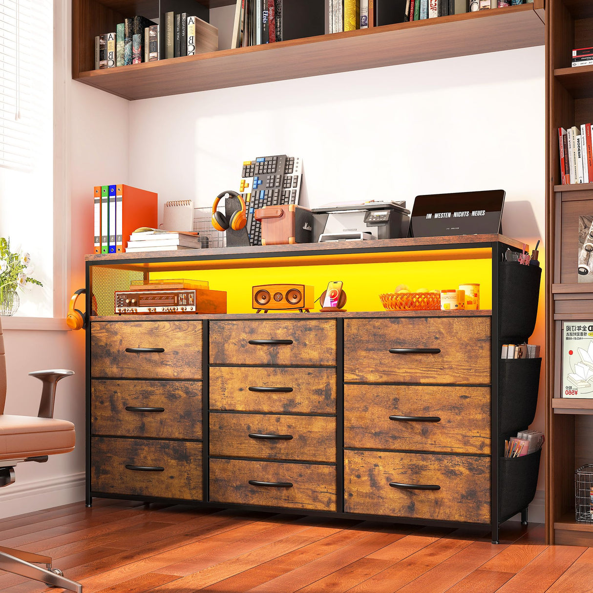 EnHomee Dresser TV Stand with 10 Drawers for 55" TV Stand for Bedroom with LED Lights & Power Outlets Wide Dresser for Bedroom with Shelves & Side Pockets Sturdy Metal Frame & Wood Top, Rustic Brown EnHomee