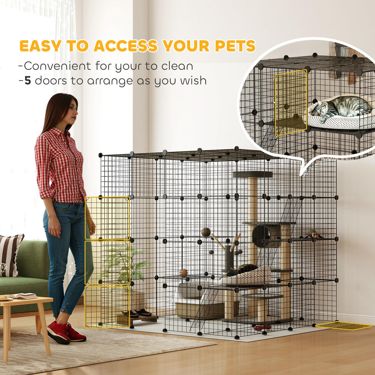 PawHut Cat Cage, 4 x 4 x 4 DIY 4 Tier Cat Enclosure, Detachable Wire Indoor Catio with Hammock, Jumping Platforms, Ramps, Doors, for 1-3 Kittens, 55" L x 55" W x 55" H, Black PawHut