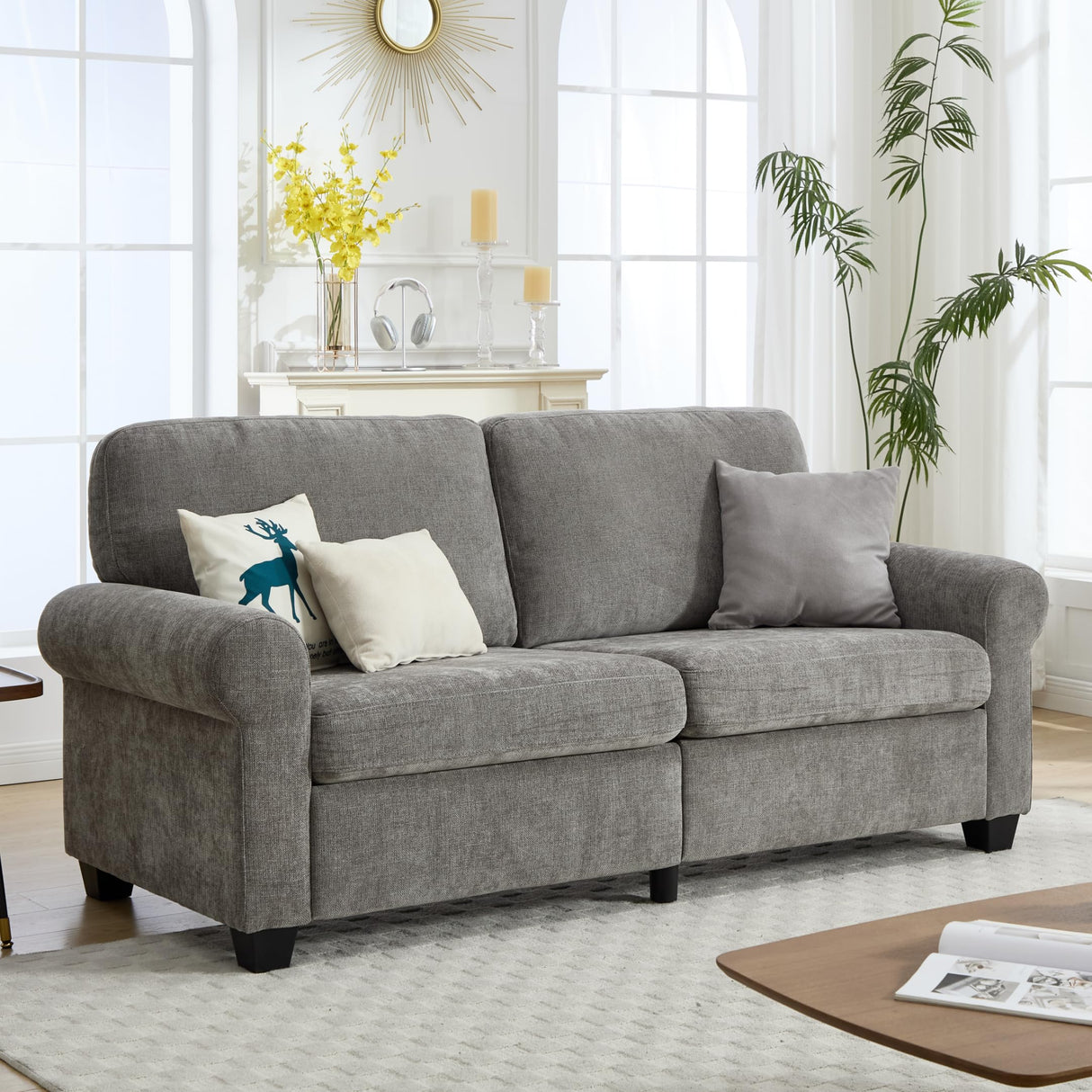 Utilbery 79 inch Modern Classic Upholstered Loveseat Sofa, Gray Linen Fabric, Rolled Arms, Plush Cushions, Living Room Furniture Utilbery