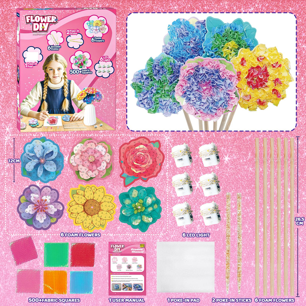 Flower Bouquet Art Craft Kit, Poke DIY Creative Activity Kit with with 6 Flowers & 6 Light Strings, Mess-Free Fun for Girls & Boys, Fun & Educational Kids Craft Gift for Girls Boys Ages 4, 5, 6, 7, 8+ Fortand