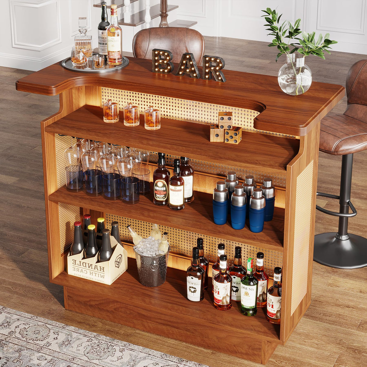 Tribesigns Home Bar Unit, 4-Tier Liquor Bar Table, Mini Bar with Wine Racks and Glass Holder, Farmhouse Bar Cabinet for Home Kitchen Pub, Caramel Brown Tribesigns