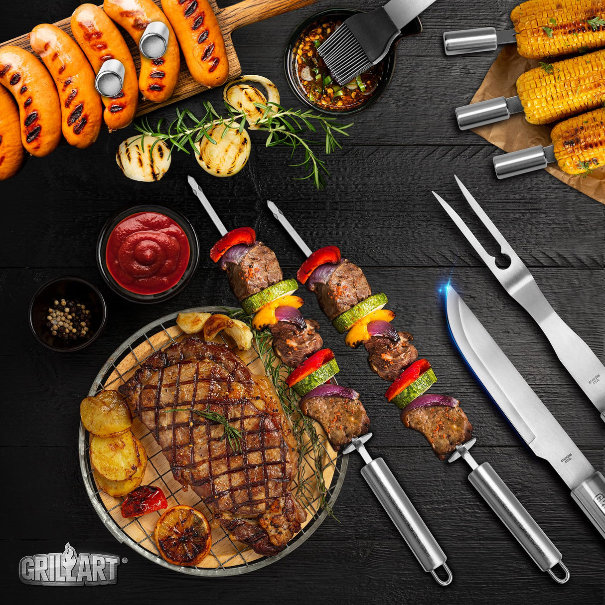 GRILLART BBQ Grill Utensil Tools Set Reinforced BBQ Tongs 19-Piece Stainless-Steel Barbecue Grilling Accessories w/Aluminum Storage Case -Complete Outdoor Grill Kit for Dad, Birthday Gift for Man Dad GRILLART