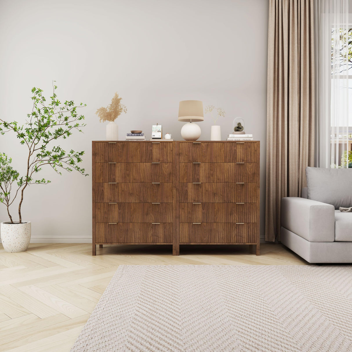 affeivul Mid Century Modern Dresser, 5 Drawer Dresser for Bedroom Wood, Farmhouse Wooden Storage Cabinet Side Table with Solid Wood Legs, Tall Skinny Nighstand for Closet, Living Room (Walnut) affeivul