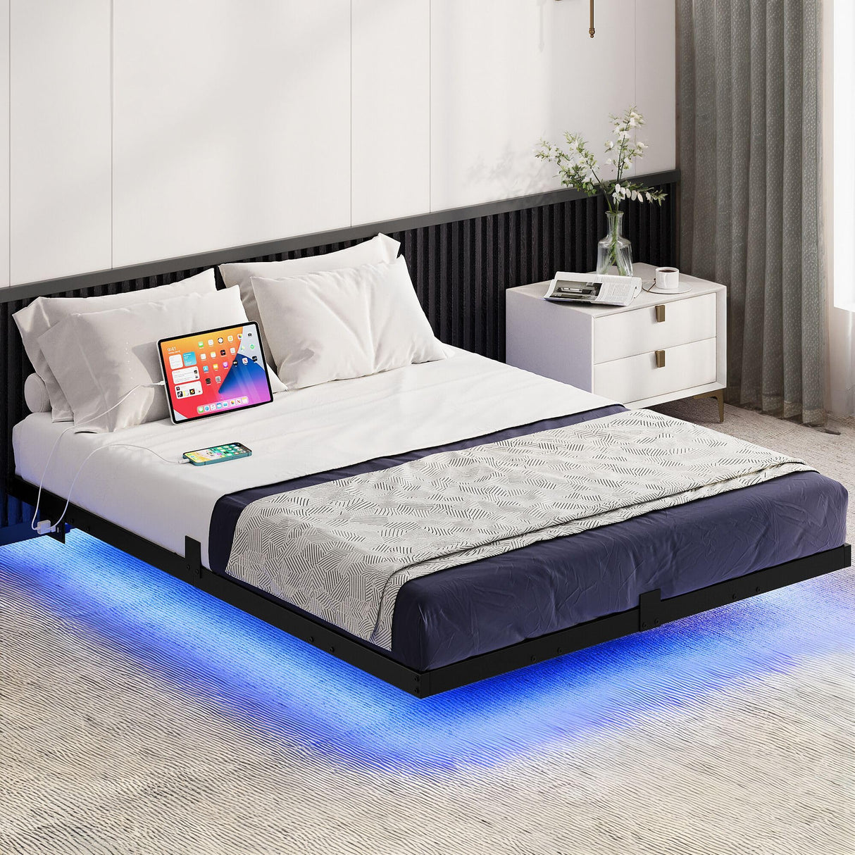 DWVO Full-Size Floating Bed Frame, Metal Platform Bed with LED Light, Charging Hub and Sturdy Steel Slats, Box Spring No Needed, Simple Setup (Black) DWVO
