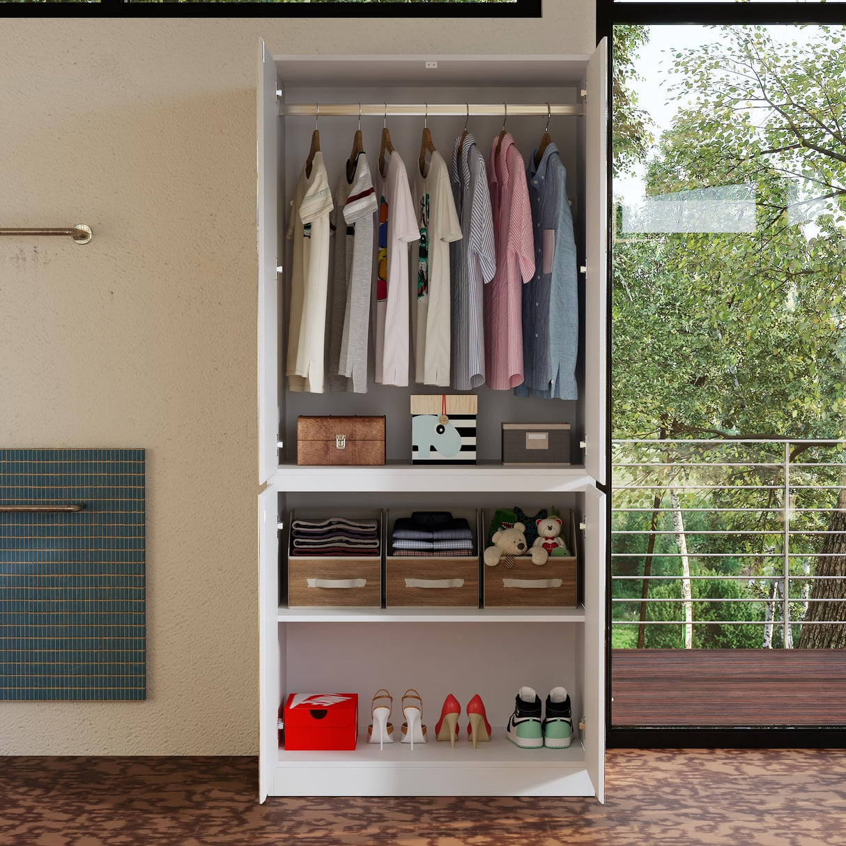 WOODTIME Wardrobe Closet with All Mirror, Wooden Armoire with 4 Doors & Hanging Rod, Clothes Storage Cabinet Organizer for Bedroom Apartment, White WOODTIME