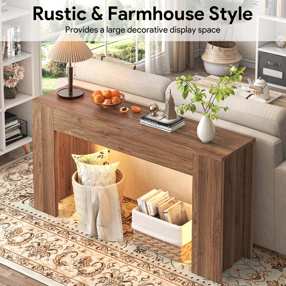 knoworld 63-Inch Long Console Table with LED Light, Farmhouse Sofa Table Behind Couch, Wooden Console Table for Entryway, Hallway, Entrance, Living Room knoworld