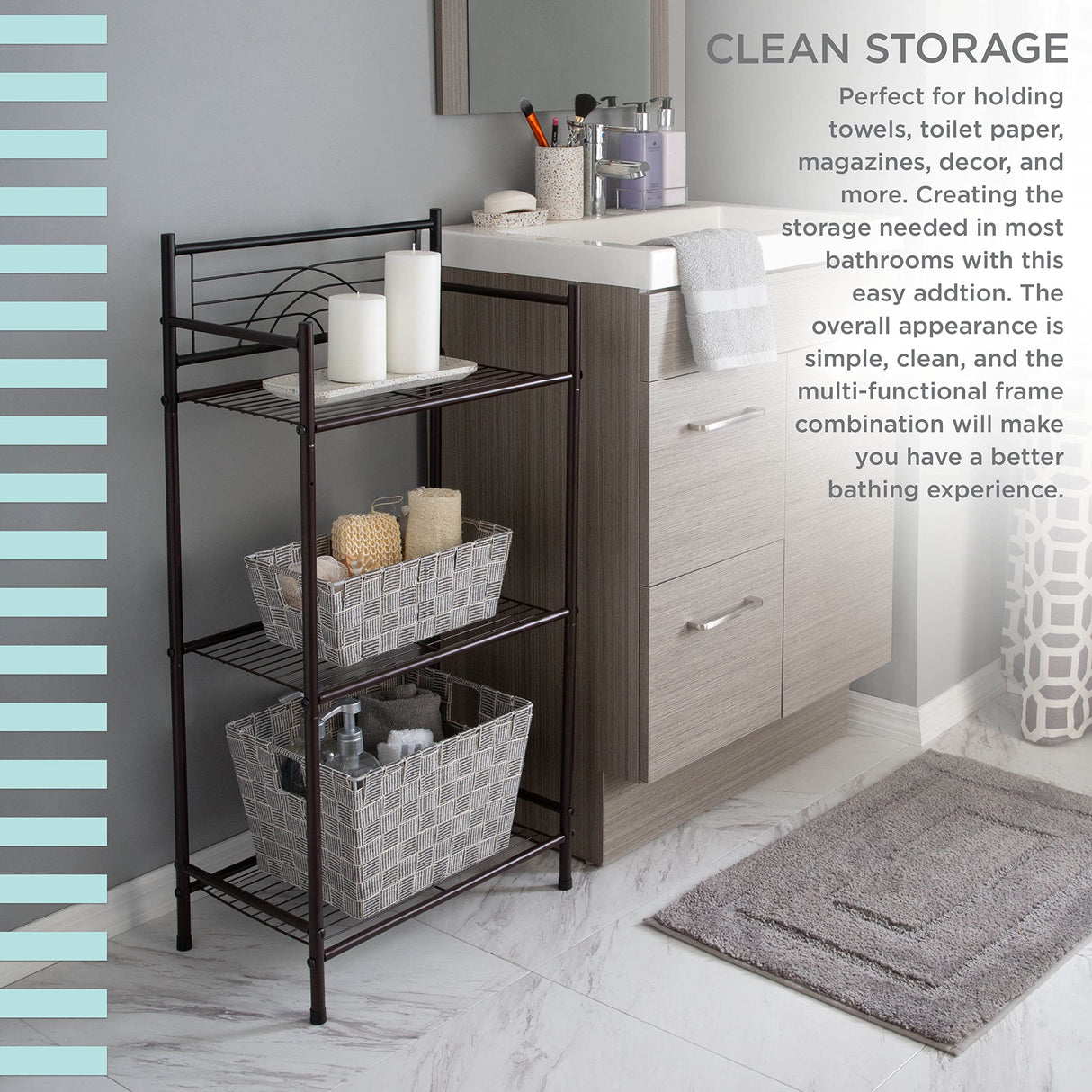 Bath Bliss 3 Tier Storage Shelf | Freestanding | Dimensions: 17.3"x 10.6"x 35.8 | Free Standing | Rust Resistant | Bathroom Storage | Easy to Assemble Bath Bliss