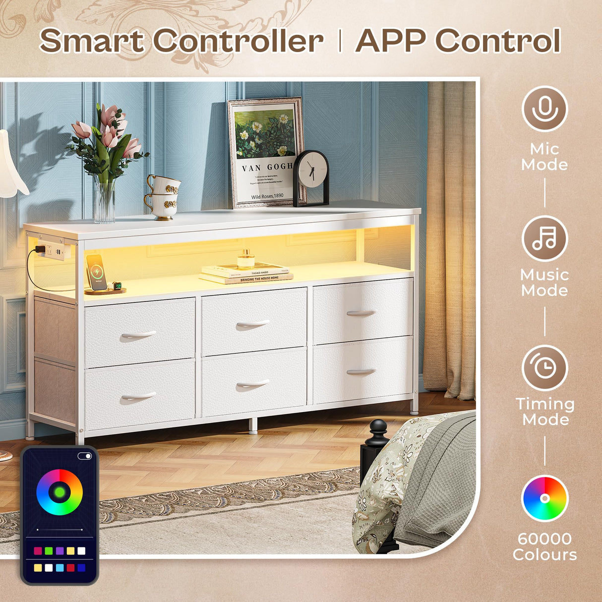 Huuger LED TV Stand for Bedroom, 47 Inch Dresser with Power Outlets, Entertainment Center for 55, 50, 43 Inch TV, 6 Drawer Dresser for Bedroom, Chest of Drawers with Open Shlef, PU Leather, White Huuger