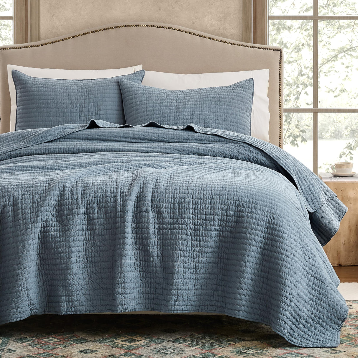 WDCOZY 100% Cotton King Size Quilt Set - Blue Striped Pick Stitch Soft Lightweight Bedspread, Textured Like Linen, Farmhouse Country Rustic Coverlet, Shabby Chic Gauze Bedding, 3 Pieces WDCOZY
