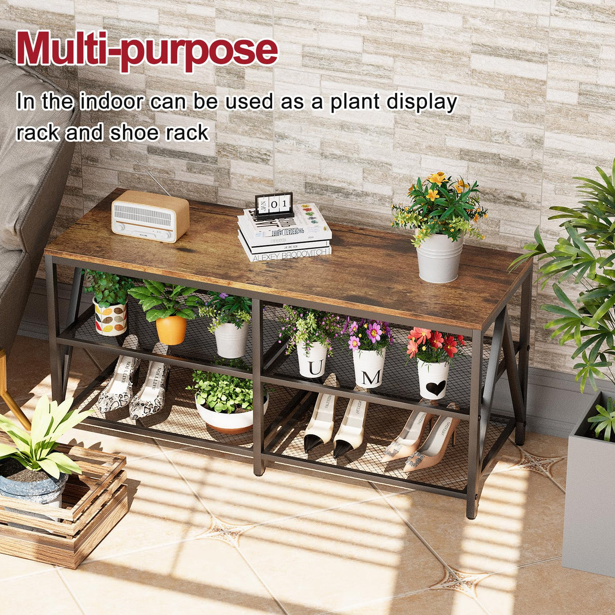 Katrawu TV Stand for TV up to 55 Inch, Long 43" TV Cabinet with 3-Tier Storage Shelves,Entertainment Center TV Console Table for Living Room with Industrial TV Metal Frame, Rustic Brown Katrawu