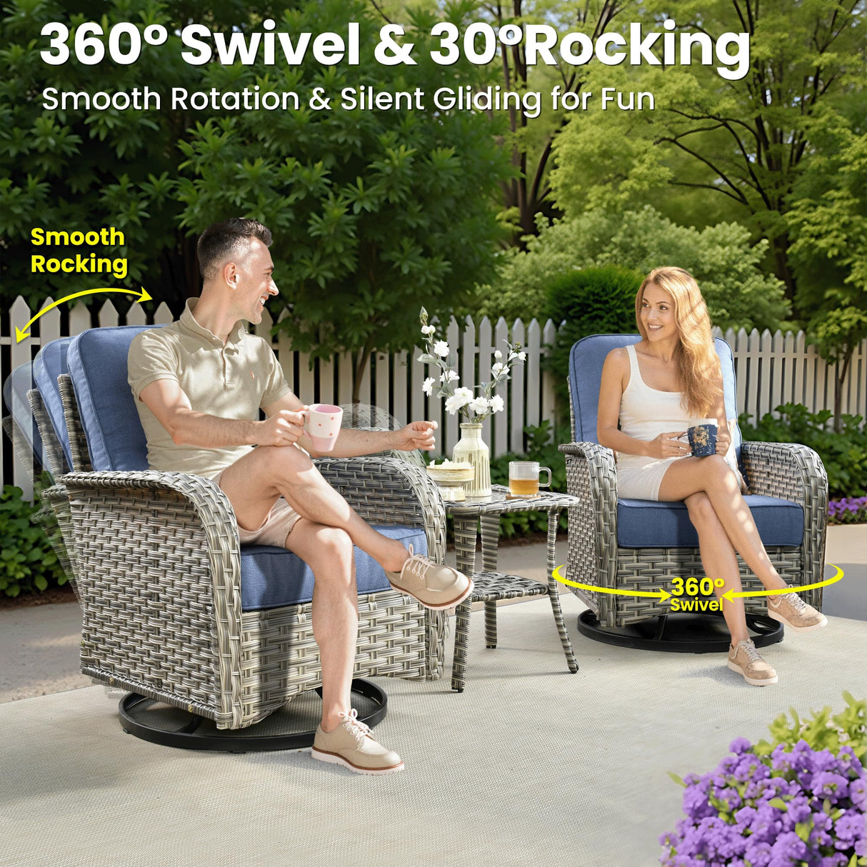 ovios 9 Pieces Patio Furniture Set Outdoor Sectional Sofa Couch with Fire Pit Table Rocking Swivel Chairs Deep Seat Chaise, Modern Modular Wicker Rattan Conversation Set, Denim Blue ovios