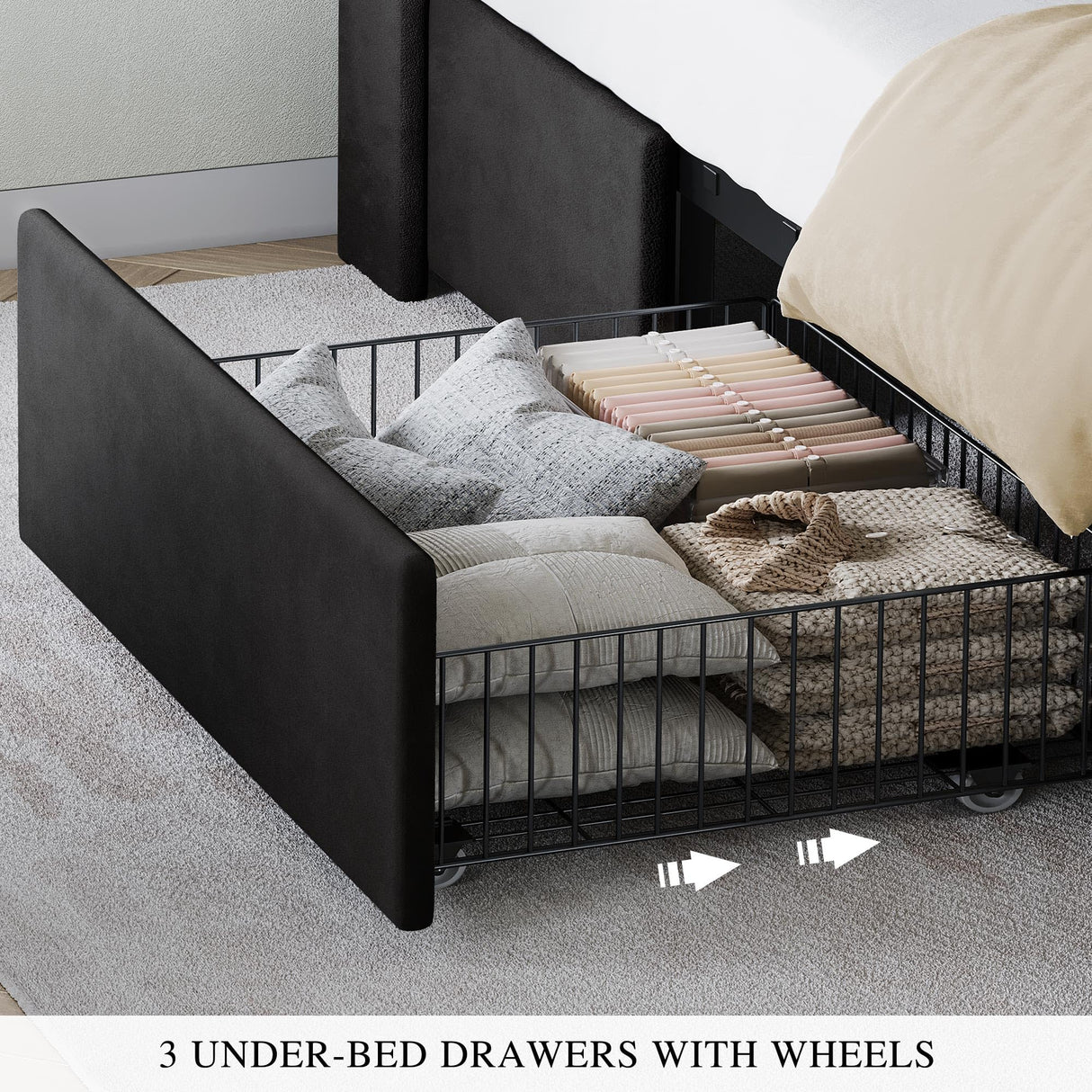 YITAHOME Queen Size Bed Frame with 3 Storage Drawers and RGB LED Lights, Velvet Upholstered Bed with Charging Station and Storage Headboard, No Box Spring Needed, Easy Assembly, Noise-Free, Black YITAHOME