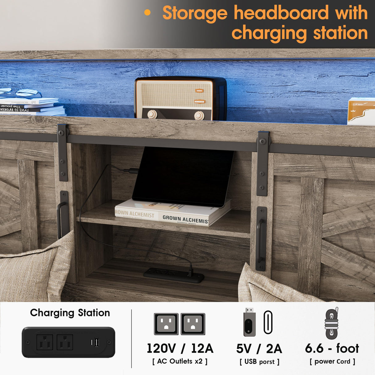 Fameill Farmhouse Queen Size Bed Frame with 4 Drawers and Bookcase Headboard, Sliding Barn Door Storage Shelves, LED Lights and Charging Station, No Box Spring Needed, Grey Fameill