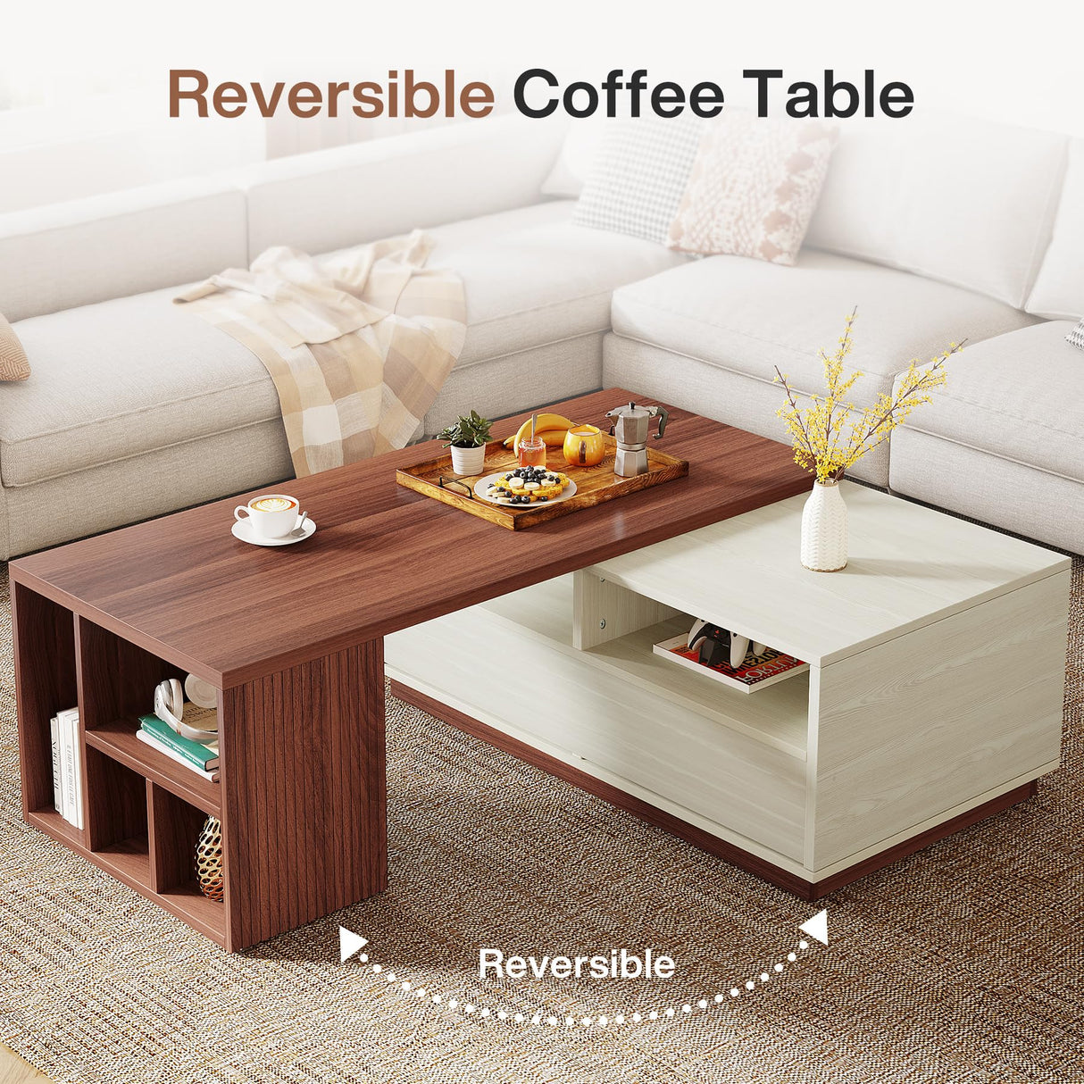 Tribesigns Extendable Coffee Table with 2 Storage Drawers, Reversible Living Room Table with Shelves and Adjustable Top, Large Center Table for Living Room, White/Walnut (43" to 75" Adjustable Length) Tribesigns