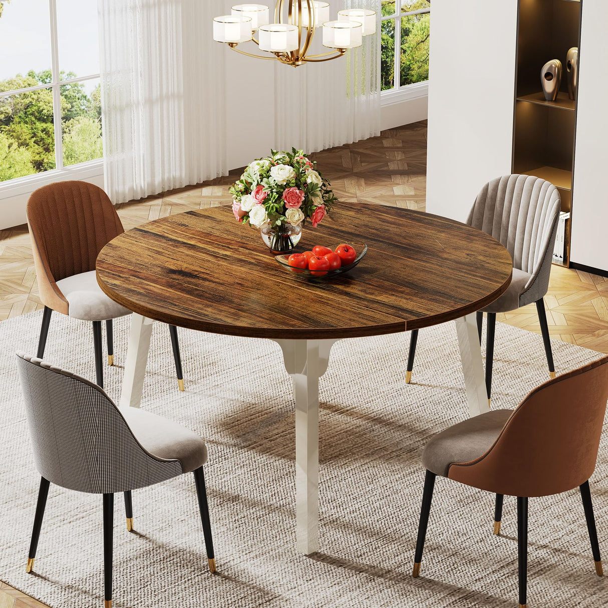 Tribesigns Round Dining Table for 4-6, 47-Inch Farmhouse Kitchen Table with Solid Wood Legs for Kitchen, Dining Room, Living Room (White and Rustic Brown) Tribesigns