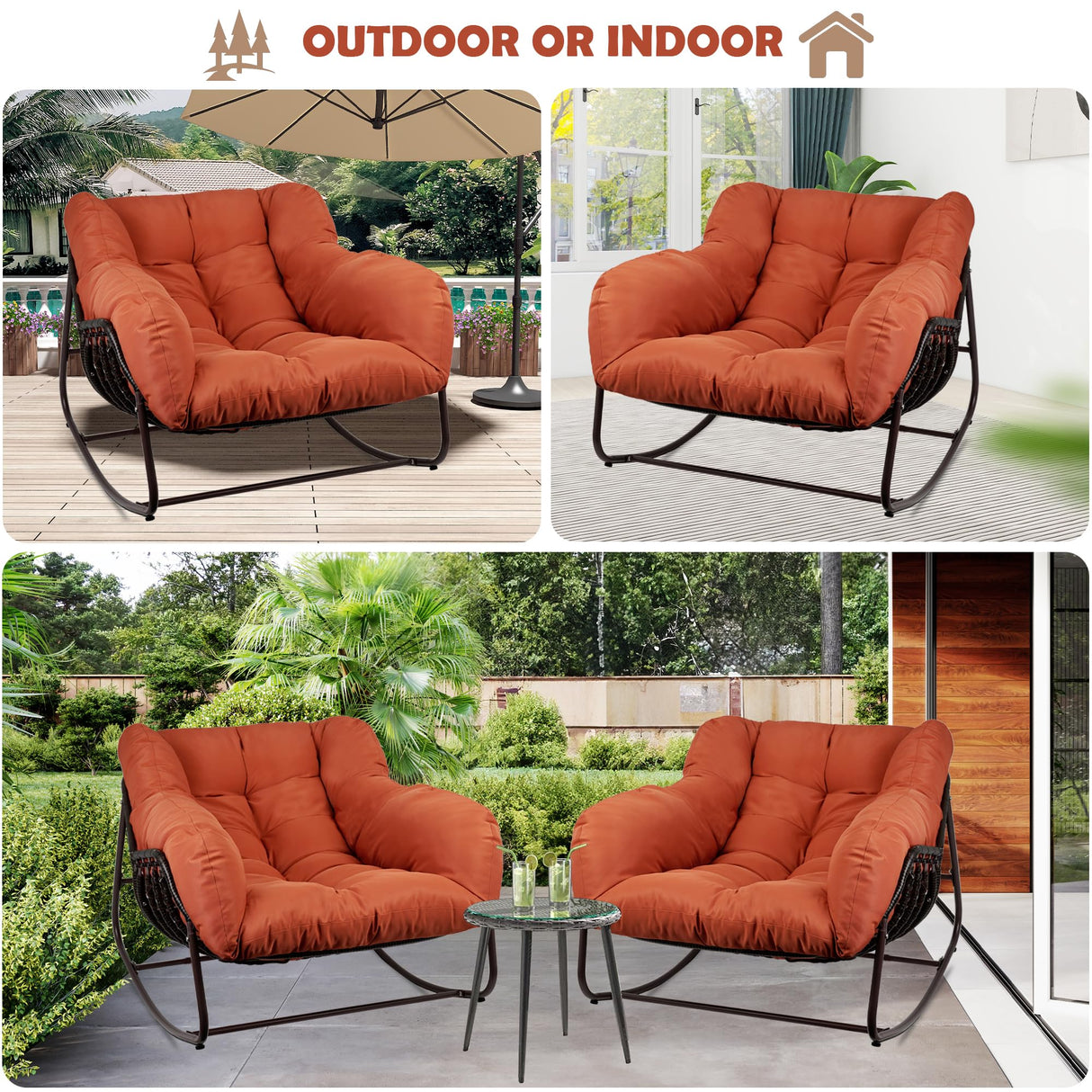 TIMWNER Papasan Rocking Chair Indoor & Outdoor, All Weather Wicker Papasan Patio Chair with Cushion & Pillow, Oversized Papasan Rocker Egg Chair for Bedroom, Garden, Patio - Red. TIMWNER