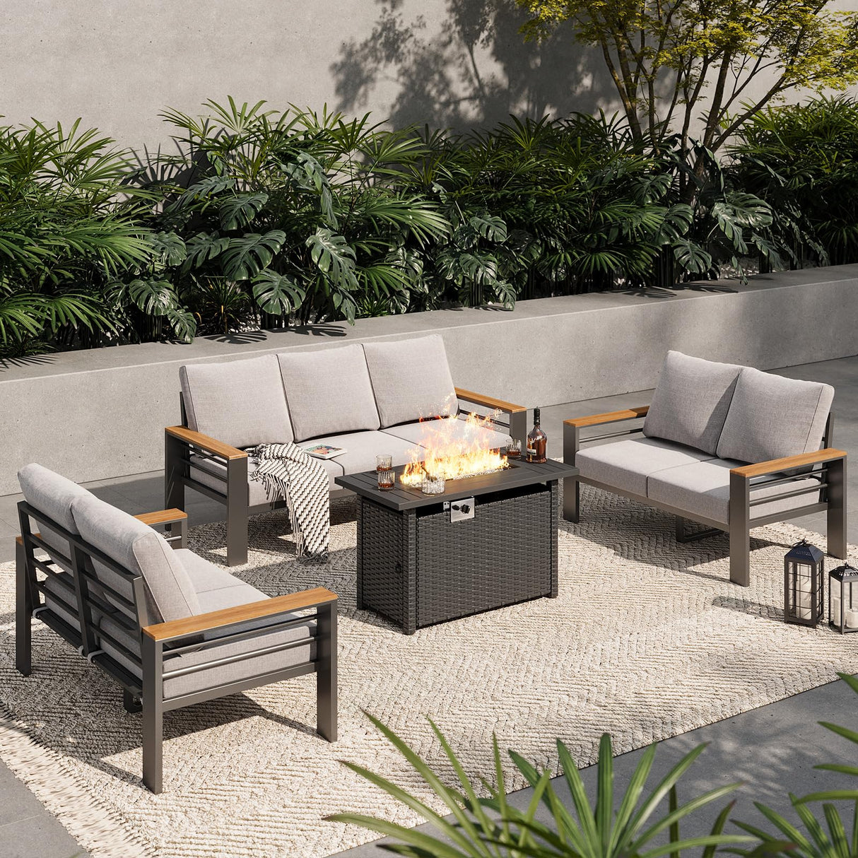 Aoxun Aluminum Outdoor Patio Furniture Set, 7 Seats Outdoor Sectional with Fire Pit Table, Patio Conversation Sets with Upgraded Armrests and Cushions for Backyard, Garden and Poolside(Grey) Aoxun