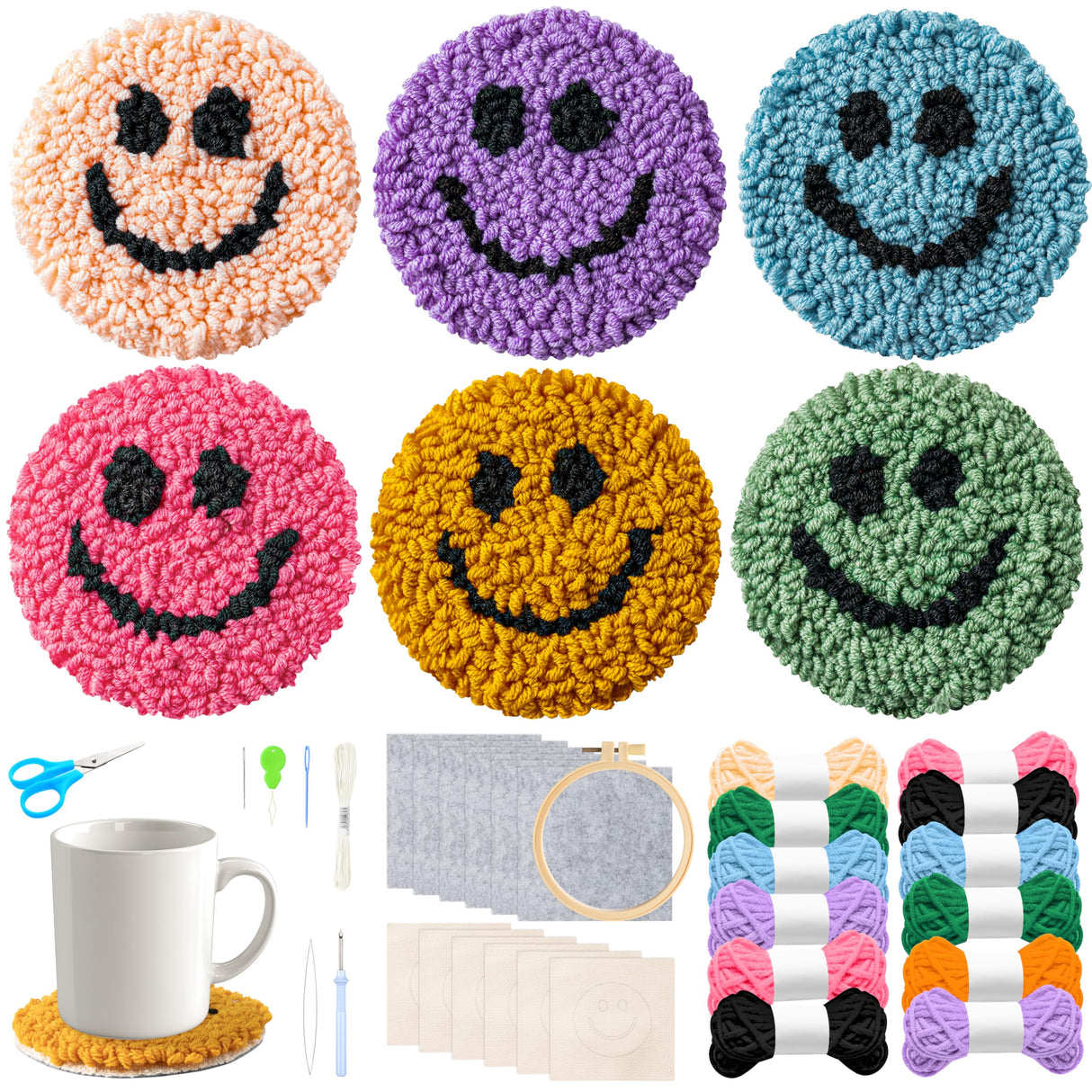 FoszaSzept Smile Punch Needle Coaster Kit, 22Pcs Embroidery Needle Coasters Crafts for Beginners, Easy DIY Mug Tufted Making Set with 6 Patterns Hoop Self Adhesive Felt Cloth Threading Device Gifts FoszaSzept