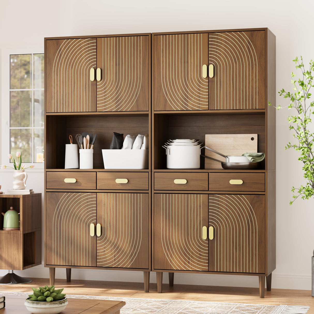 Smuxee 70.87" Walnut Kitchen Pantry Cabinet, Tall Food Pantry Cabinet with Line Groove Design, Kitchen Hutch with Microwave Stand for Dining Room Living Room Smuxee