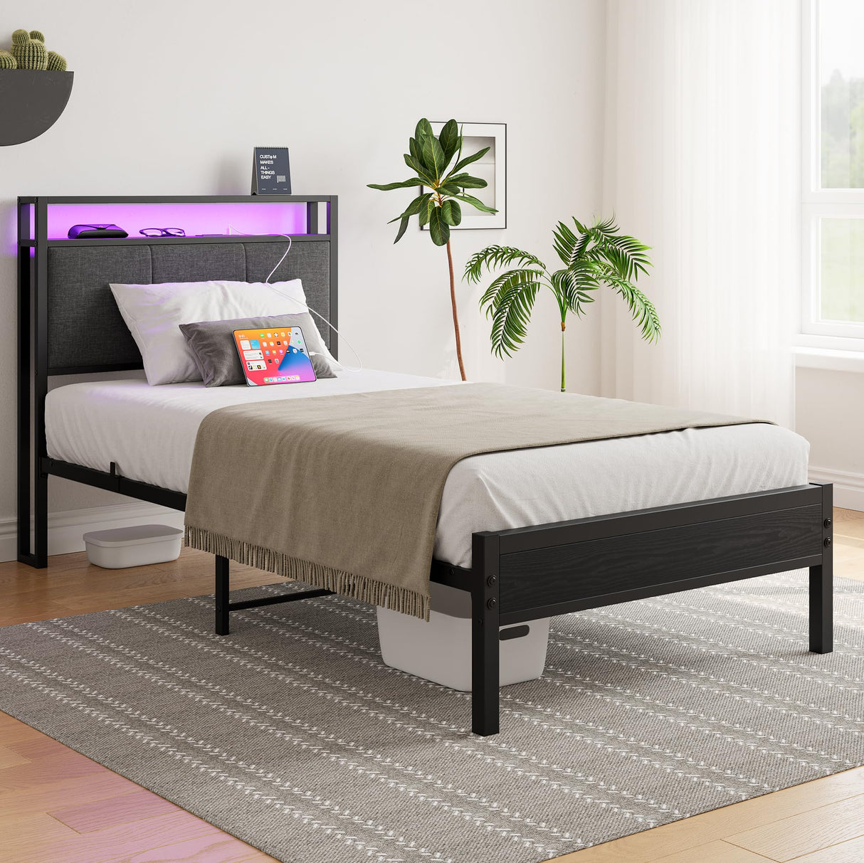 VECOCHO Twin Bed Frame with Charging Station and LED Lights,Upholstered Headboard with Storage Shelves,Heavy Duty Metal Slats, No Box Spring Needed,Noise Free, Easy Assembly,Black and Dark Grey VECOCHO