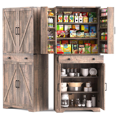 Teekyooly 72" Tall Farmhouse Kitchen Pantry Cabinet, Large Storage Cabinet with 6 Adjustable Shelves, 4 Barn Doors & Drawer for Bathroom, Dining Room, Brown