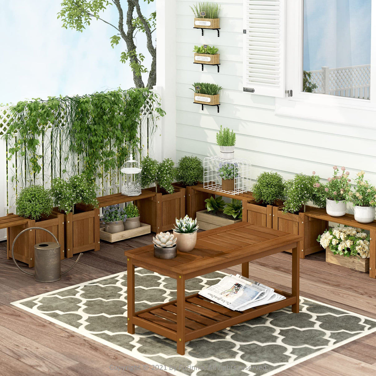 Furinno Tioman Hardwood Mini Outdoor Planter Box with Bench for Garden Plant Furinno