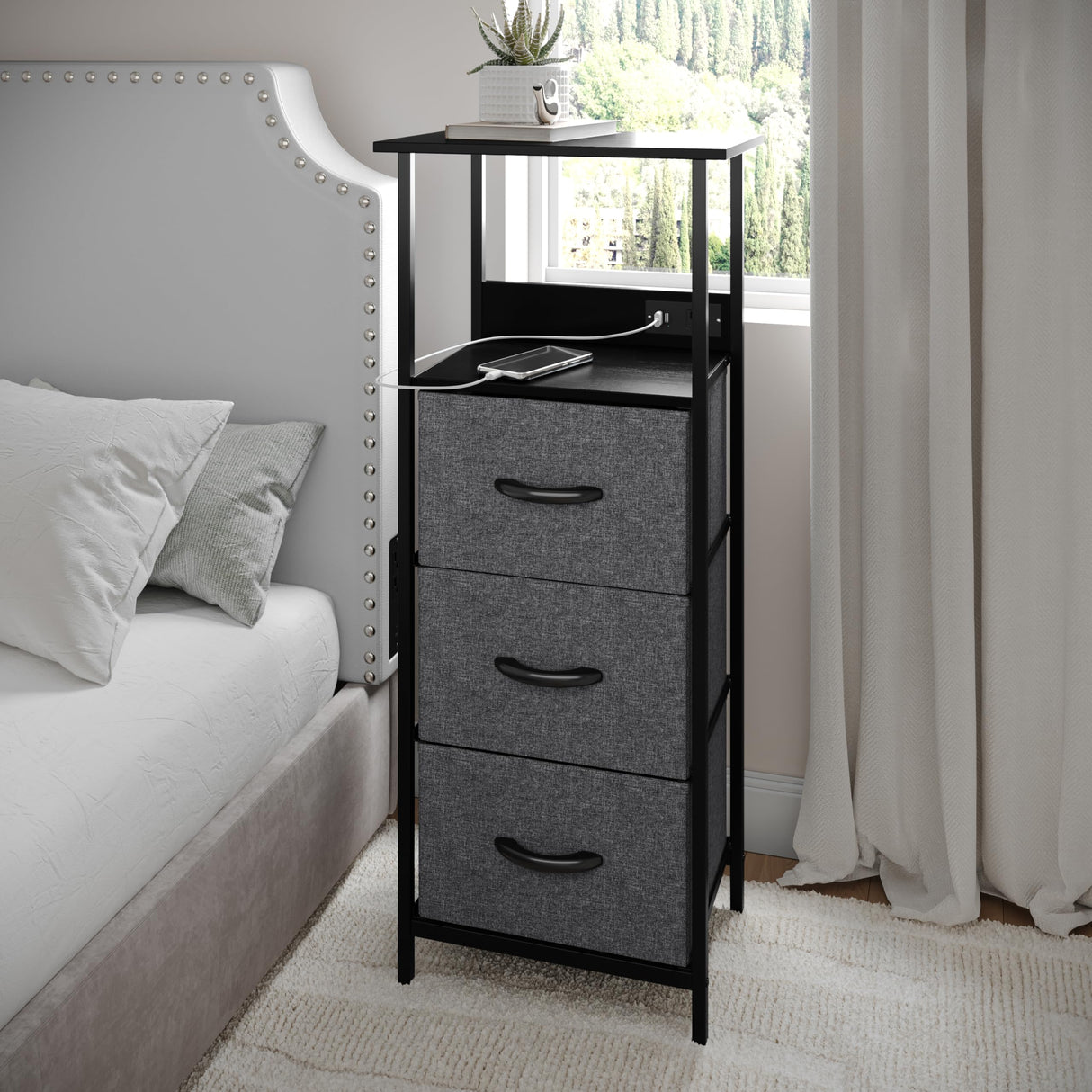 Flash Furniture Sodano 3 Nightstand with Charging Station, 2 USB Ports and 1 Outlet, Metal, Engineered Wood Top, Handles, Set of 1, Charcoal Drawers/Black Frame Flash Furniture