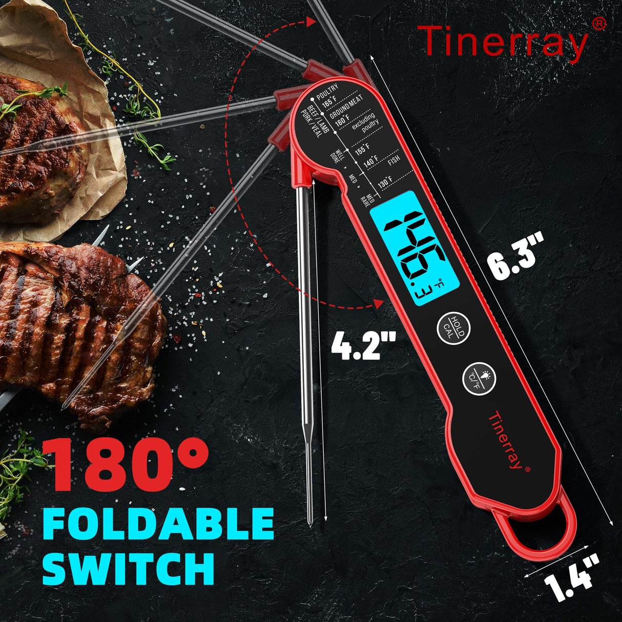 Digital Meat Thermometer for Cooking – Waterproof Instant Read Food Thermometer with Backlight & Calibration, Fast Read, Folding Probe for BBQ, Grill, Candy, Deep Fry, Kitchen, Liquids, Beef(Red) Tinerray