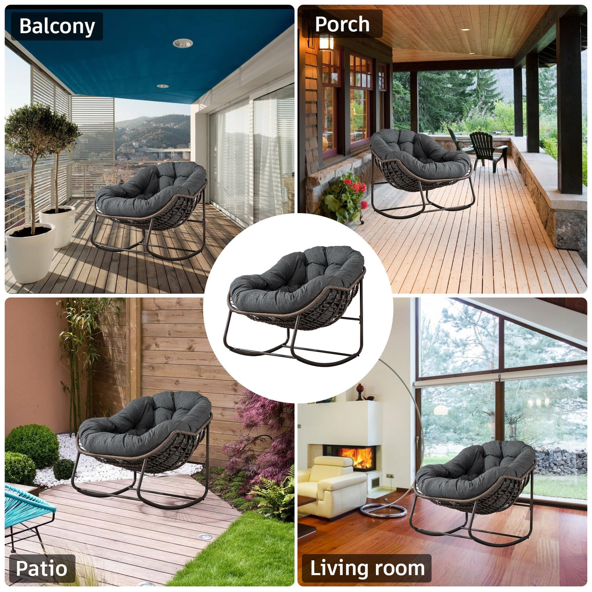 Outdoor Patio Rocking Chair, Oversized Papasan Chair with Cushion and Frame, Comfy Rattan Wicker Egg Chairs Indoor, Modern Lounge Rocker for Front Porch Living Room Bedroom (Dark Grey, Set of 1) SLEERWAY