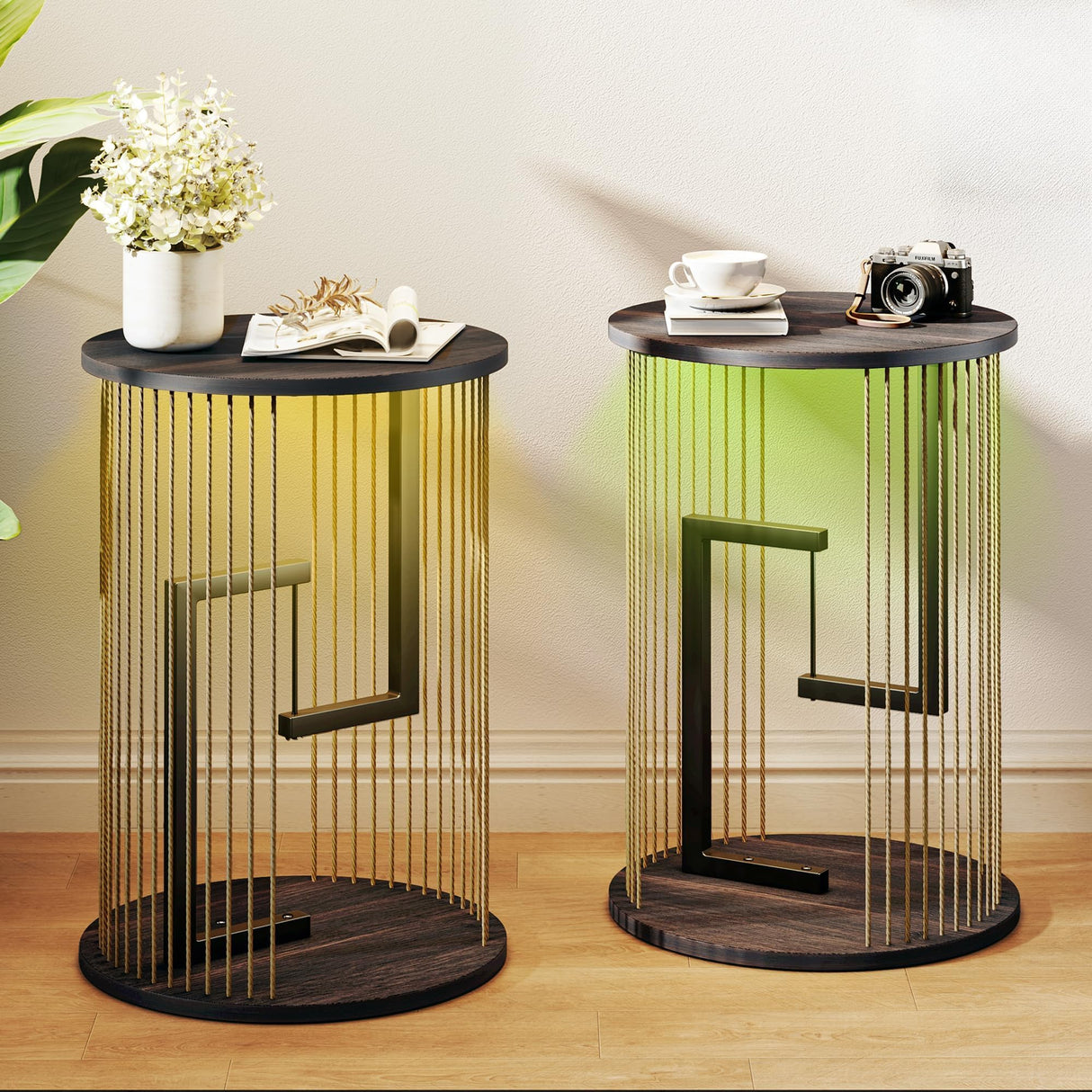 Side Table, Round End Table for Living Room, Bedroom, Black LED Nightstand Set of 2 with Twine Rope Design, Mid Century Modern Wood Accent Coffee Table, Antique Nightstand HUAHUU