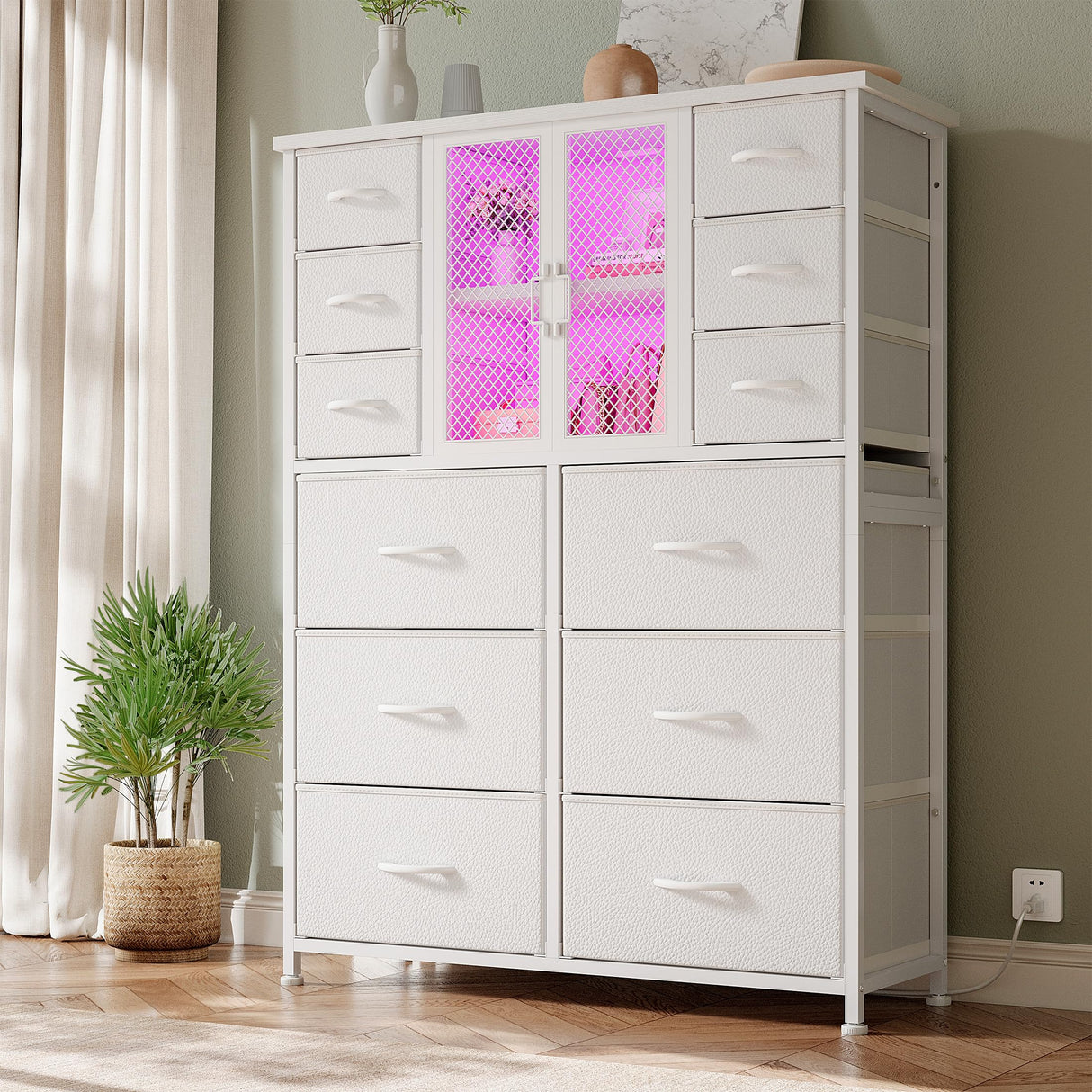 EnHomee Tall Dresser for Bedroom with 12 Drawer Dressers & Chests of Drawers for Closet with Power Outlets & LED Lights Sturdy White Dresser with PU Finish Wooden Top and Metal Frame Mesh Door EnHomee