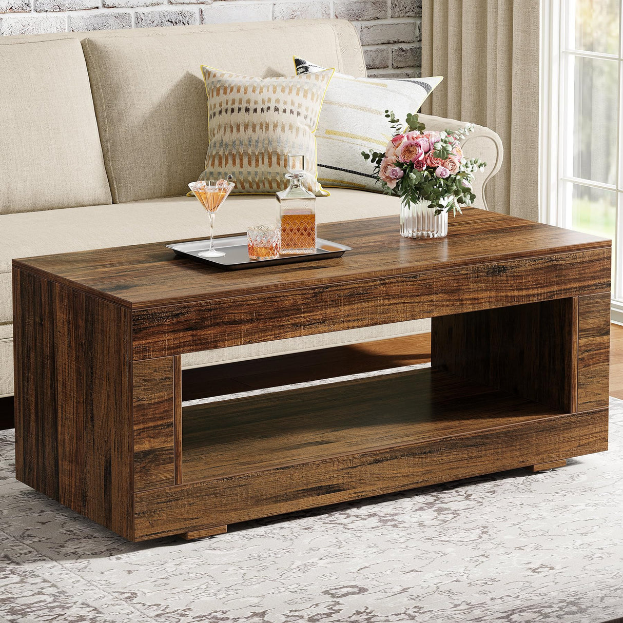 Tribesigns Coffee Table for Living Room, 43.3" Modern Farmhouse Coffee Table with Storage, 2-Tier Wood Rectangular Center Table Cocktail Living Room Table with Sturdy Base, Rustic Brown Tribesigns