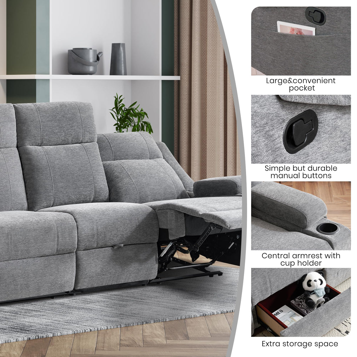 75'' Manual Reclining Sofa with Storage Drawer, 3 Seat Wall Hugger Recliner Couch with Cup Holders, Side Pockets, Chenille Fabric, Compact 3-Person Recliner for RV, Living Room, Apartment (Grey) LURVIA