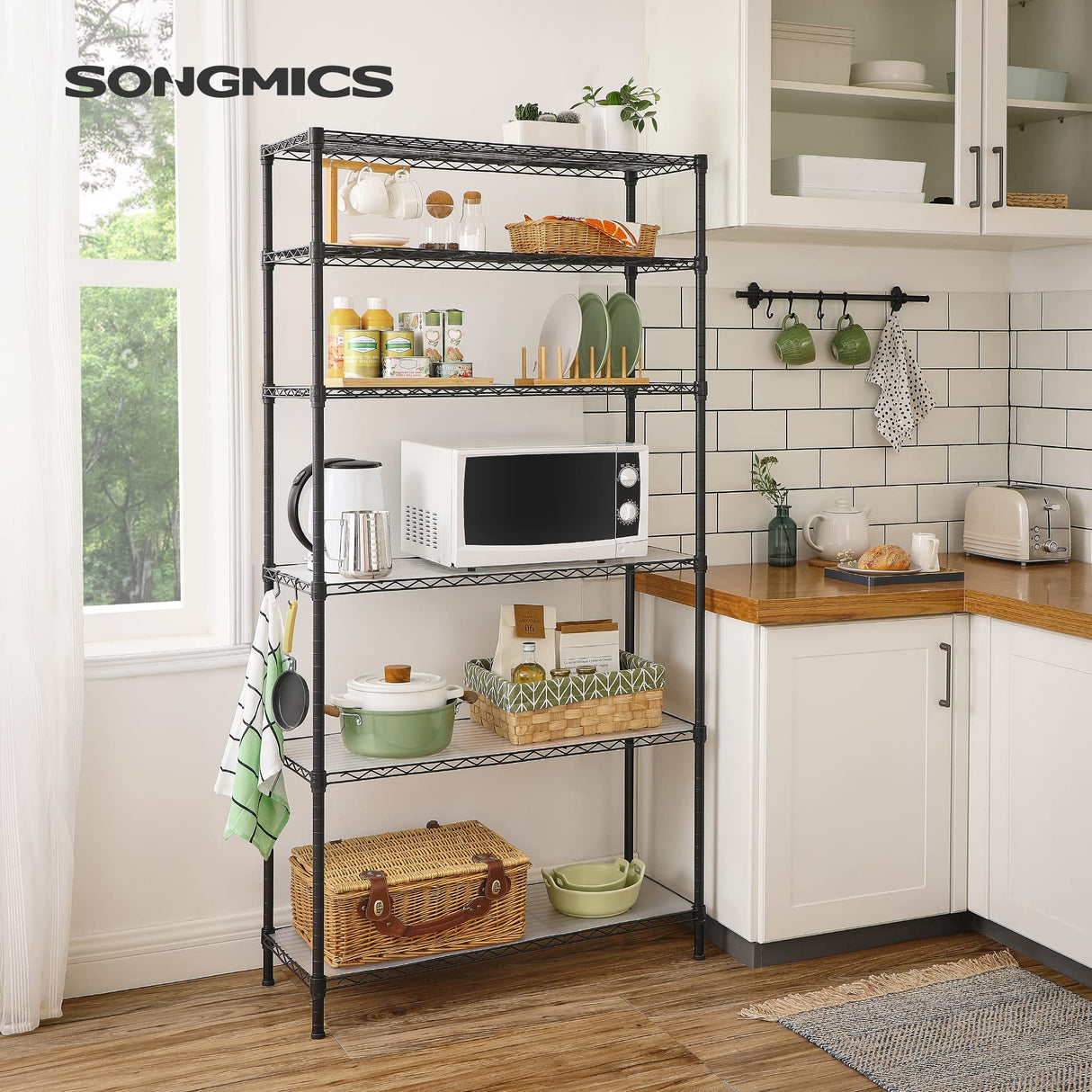 SONGMICS 6-Tier Storage Shelves, Wire Shelving Unit, Kitchen Metal Shelves, Storage Rack with Adjustable Shelves, Shelf Liners, 8 Hooks, for Garage, 13.8 x 35.4 x 69.7 Inches, Black ULGR096B01 SONGMICS