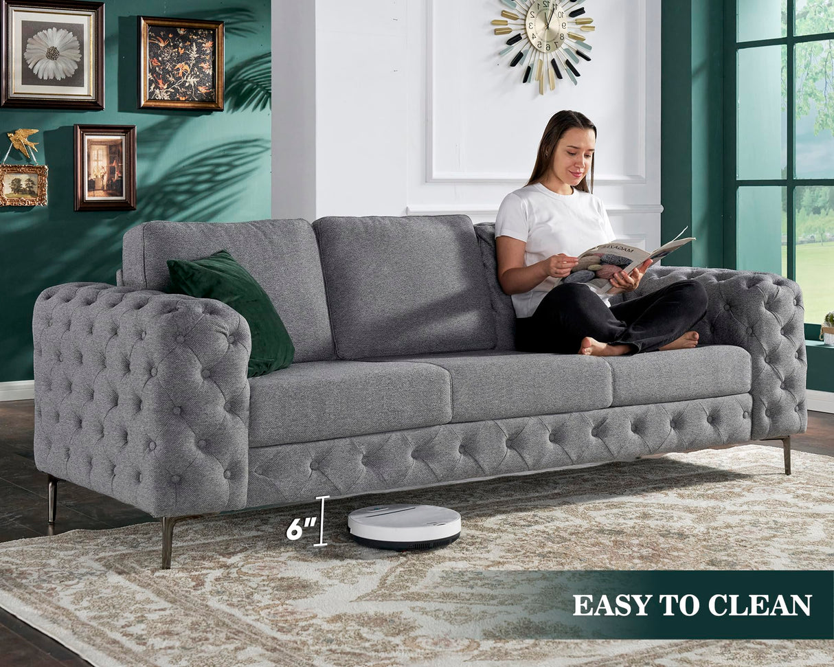 Jocisland 92-Inch Modern Sofa - Oversized 3 Seater Couch With Wide Armrest, Button Tufted for Living Room, Grey Linen Jocisland