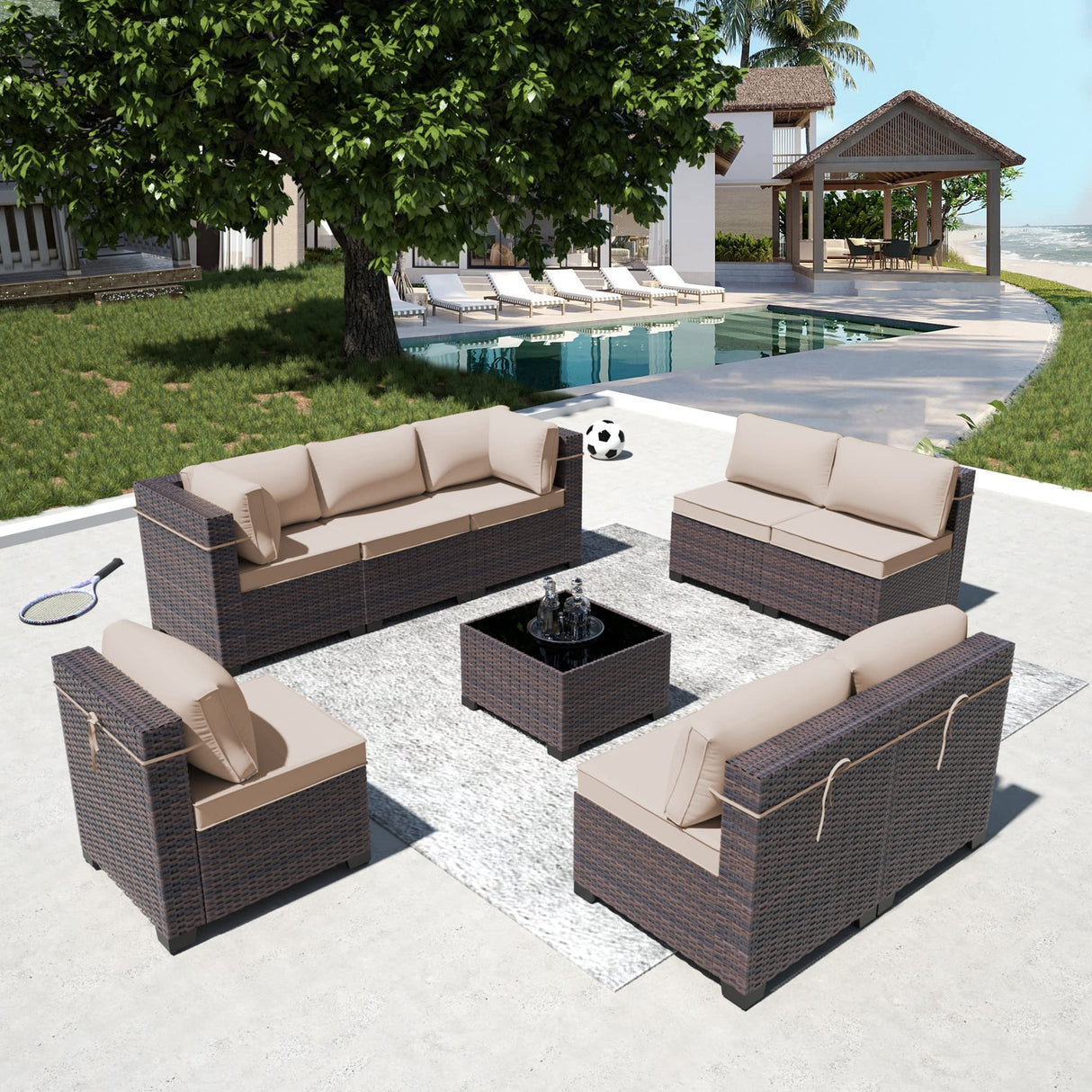 RTDTD Outdoor Patio Furniture Set, 9 Pieces Outdoor Furniture All Weather Patio Sectional Sofa PE Wicker Modular Conversation Sets with Coffee Table,8 Chairs & Seat Clips(Brown) RTDTD